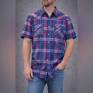 Saddle King Western MENS Plaid Button Front Short Sleeve Shirt Blue Size XXL